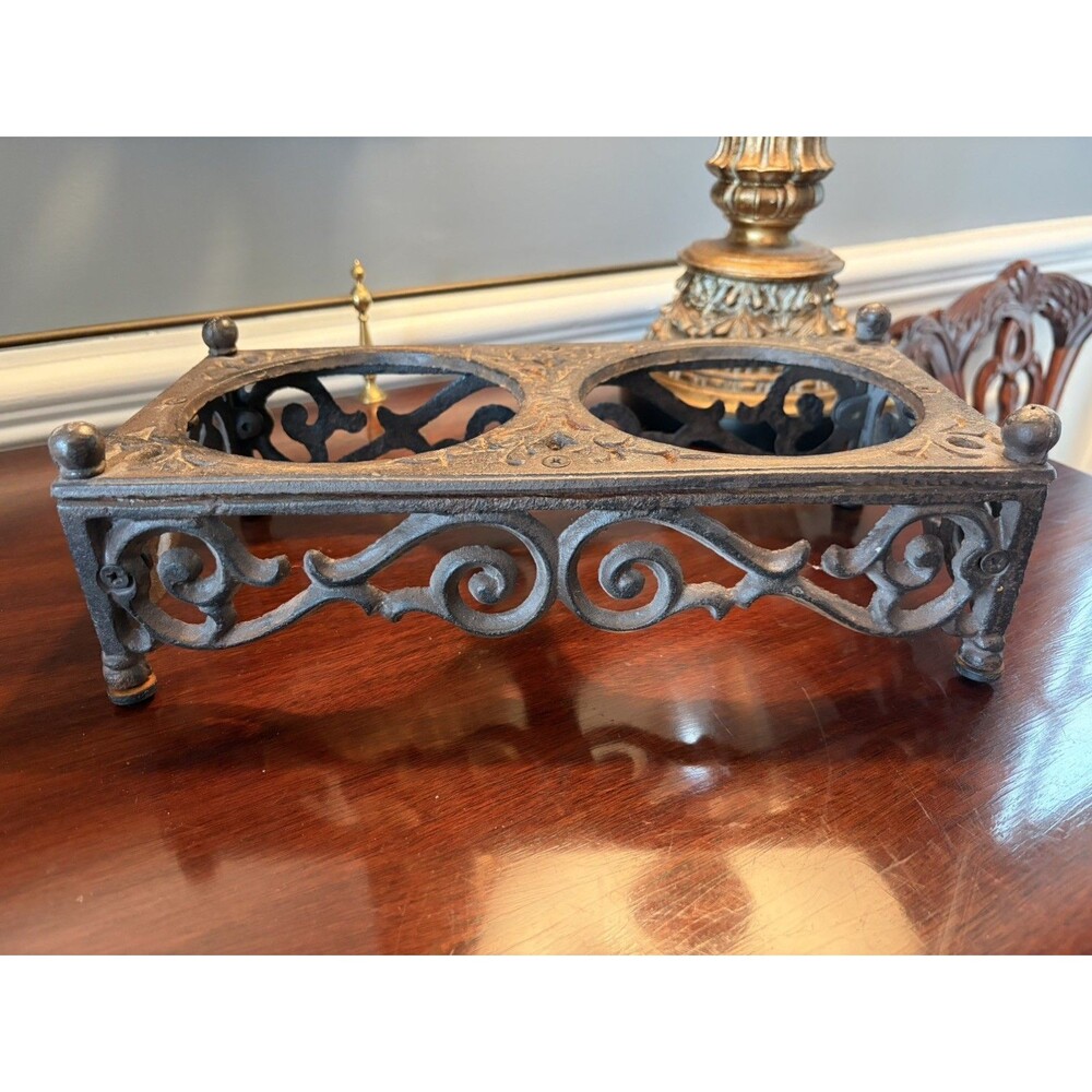 Vintage Cast Wrought Iron Pet Dog Cat Food & Water Bowl Holder Double Ornate